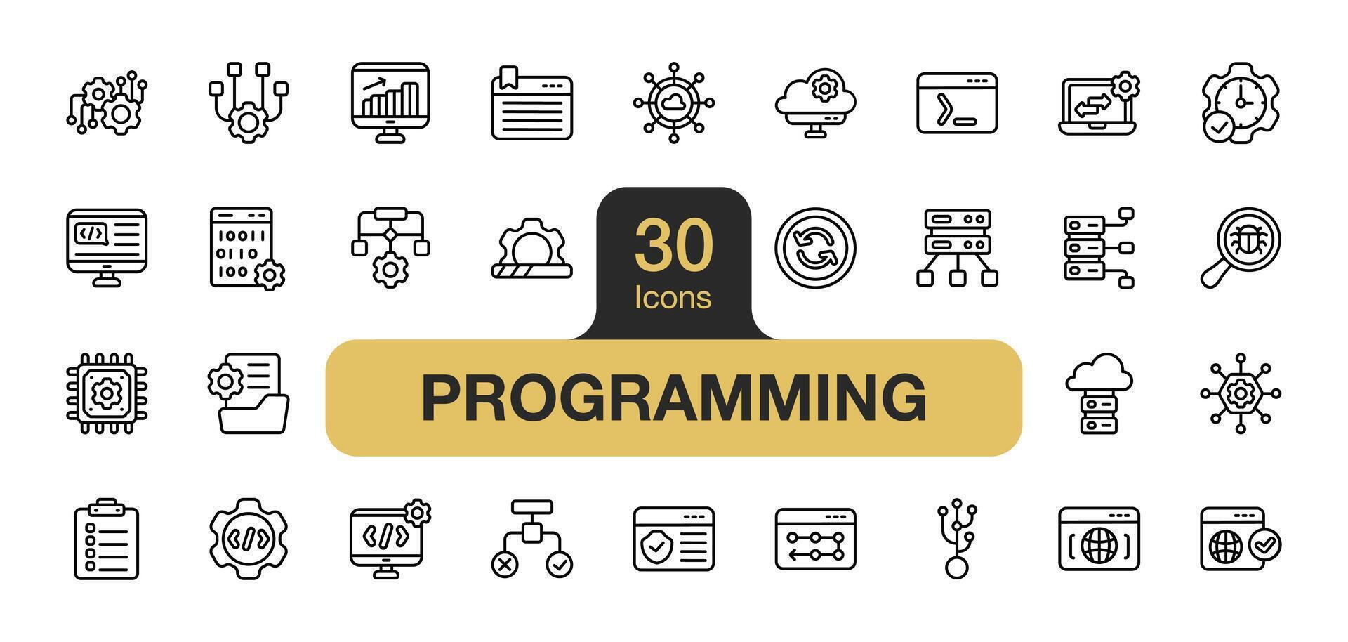 Set of 30 Programming icon element set. Includes algorithm, analysis, code, progress, protection, cloud, database, website, program, and More. Outline icons vector collection.