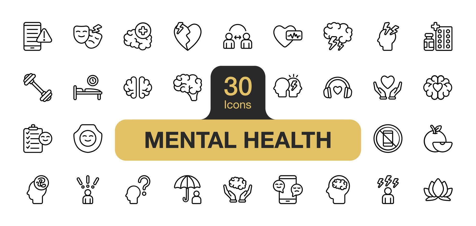 Set of 30 Mental health icon element set. Includes broken, panic, protect, stress, thinking, and More. Outline icons vector collection.