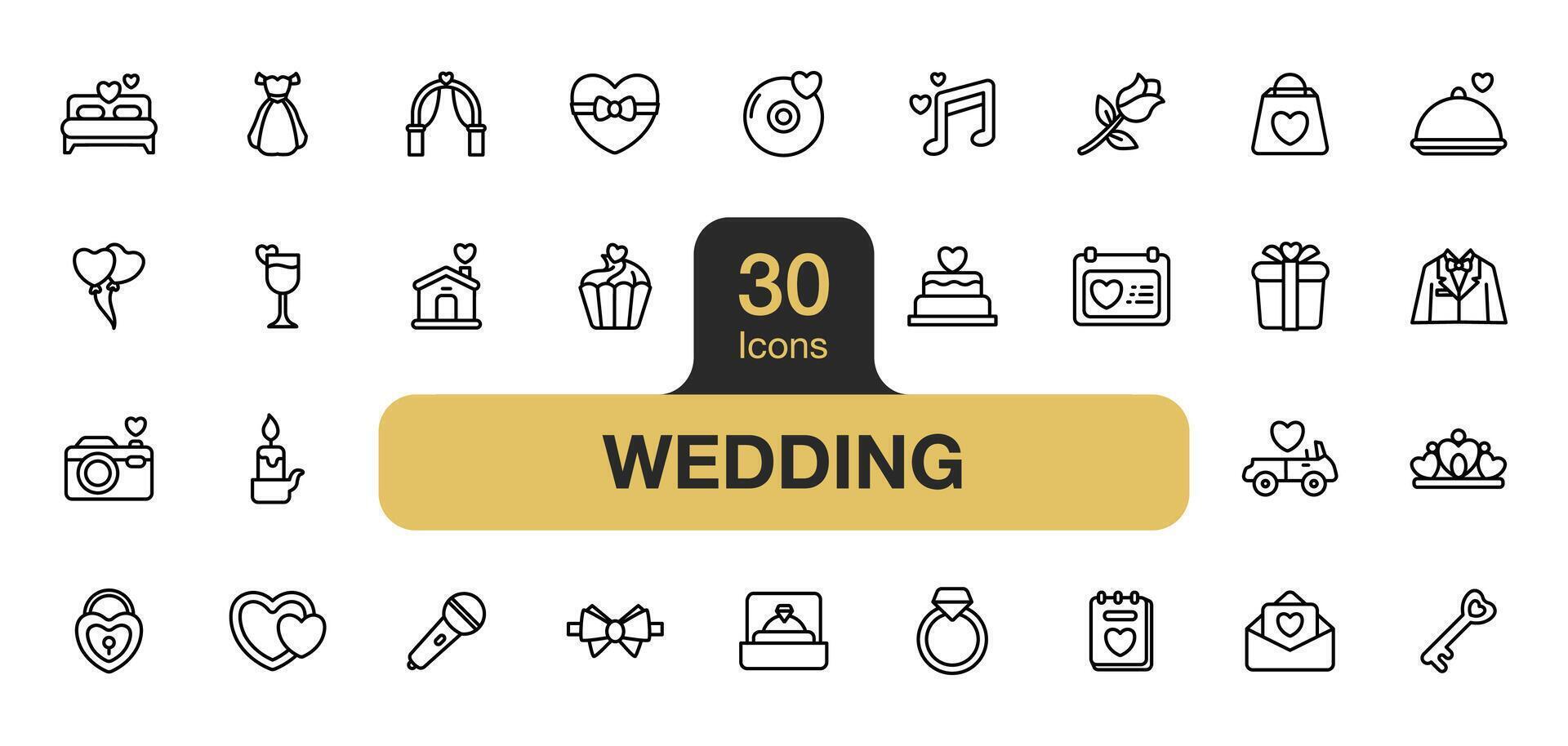 Set of 30 Wedding icon element set. Includes love, ring, cake, rose, candle, crown, and More. Outline icons vector collection.