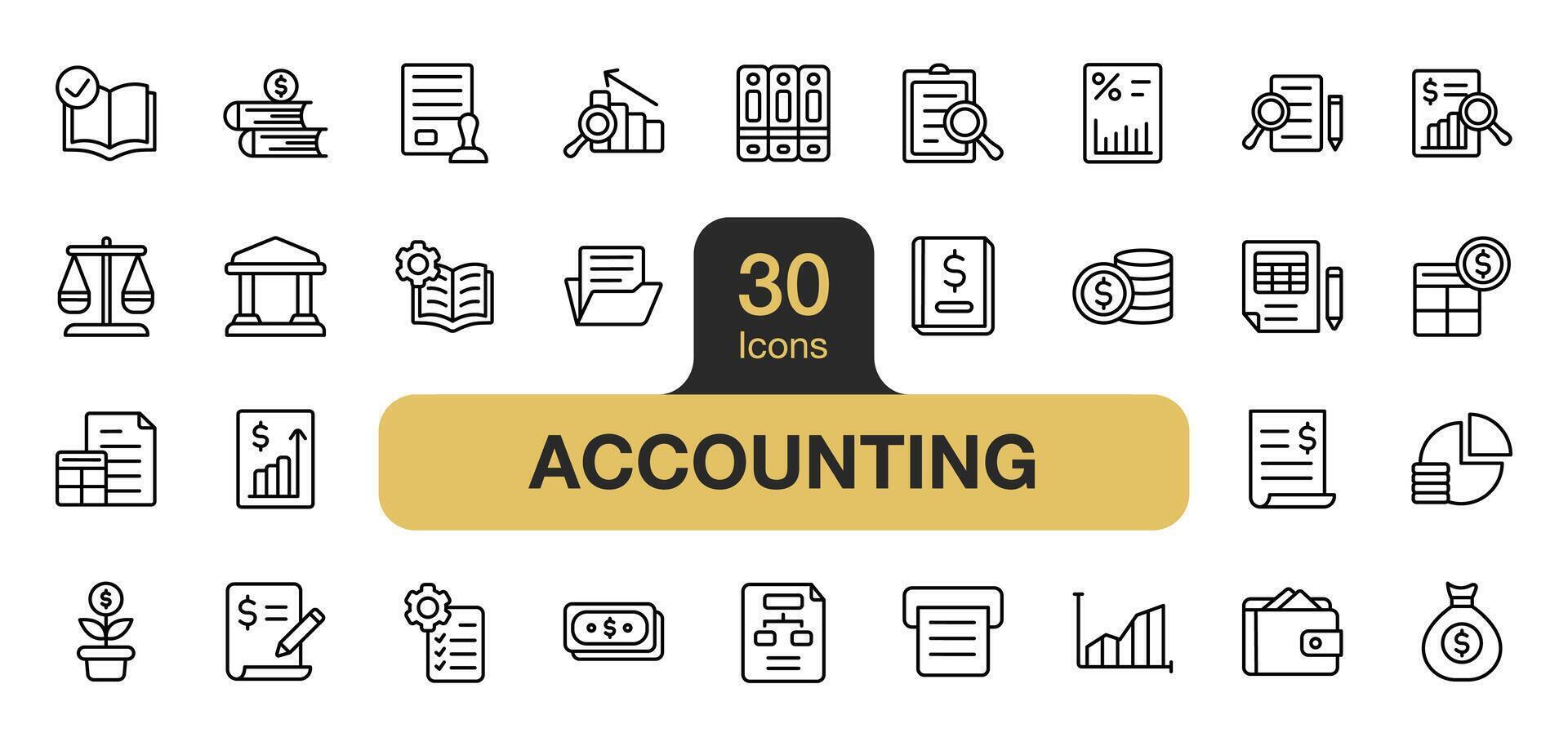 Set of 30 Accounting icon element set. Includes report, statistics, banking, investment, money, and More. Outline icons vector collection.