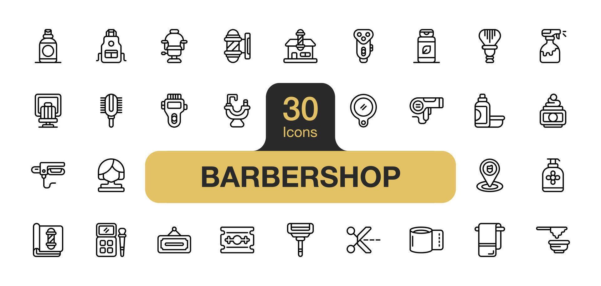 conjunto de 30 barbería icono elemento conjuntos incluye rociar botella, delantal, maquinilla de afeitar, pelo hierro, espejo, toalla, maquinilla de afeitar, y más. contorno íconos vector recopilación.