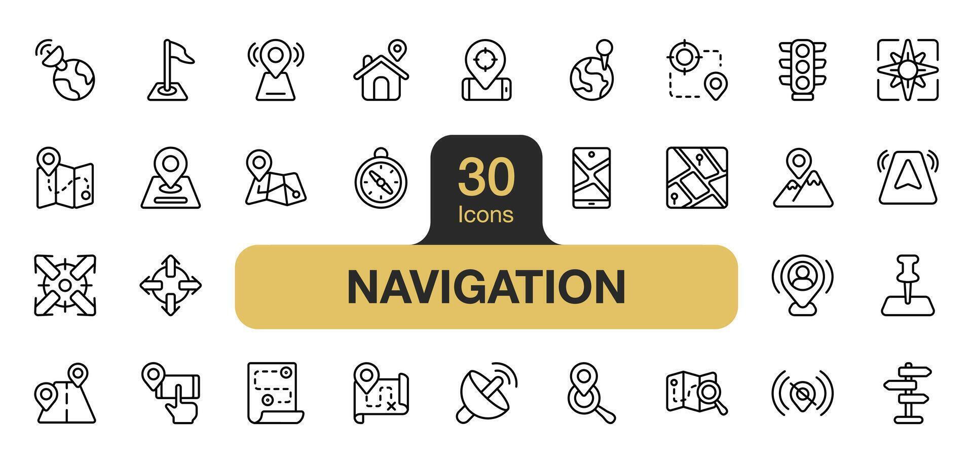 Set of 30 Navigation icon element set. Includes compass, maps, route, mountain, location, road, tracker, and More. Outline icons vector collection.