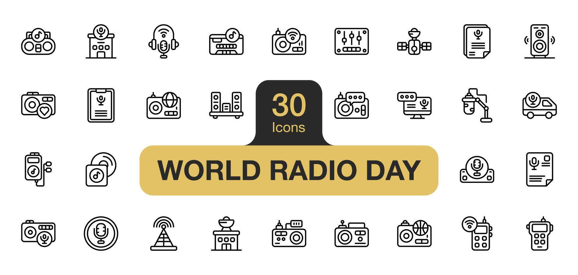 Set of 30 World radio day icon element sets. Includes live, on air, speaker, radio station, cassette, equalizer, radio transmitter, music album, and More. Outline icons vector collection.