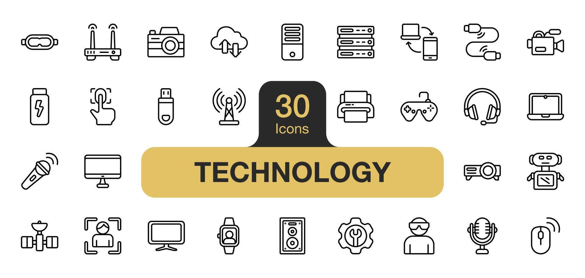 Set of 30 technology icon element set. Includes network, server, camera, game, laptop, and More. Outline icons vector collection.