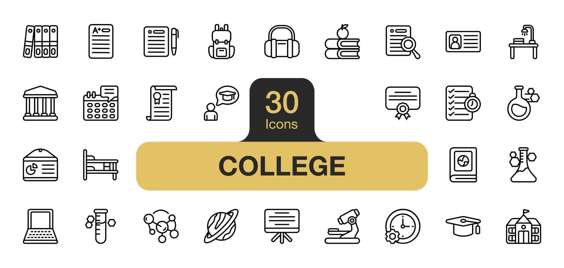 Set of 30 College icon element set. Includes Backpack, idea, graduate, research, study, university and More. Outline icons vector collection.