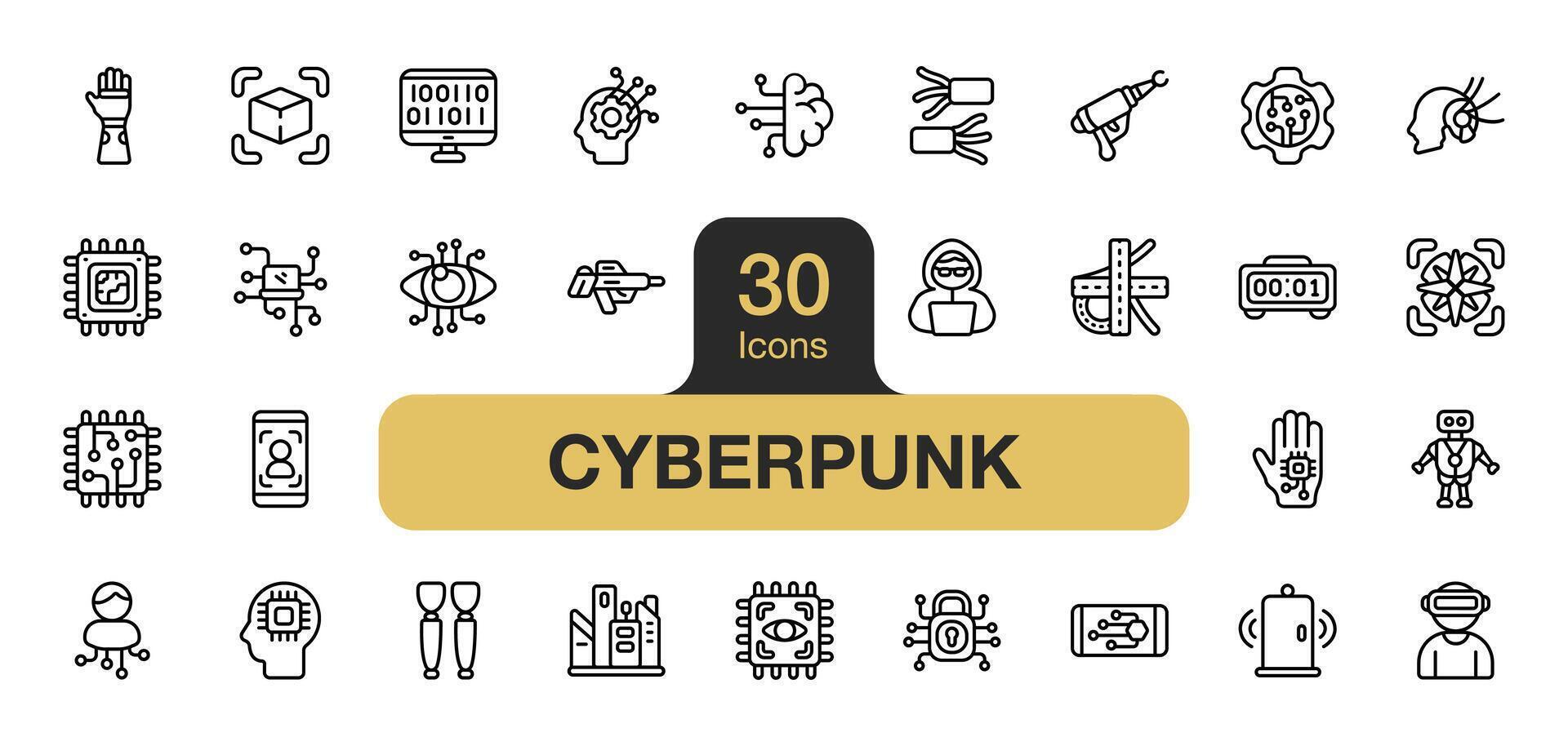 Set of 30 Cyberpunk icon element set. Includes hacker, digital, padlock, futuristic, virtual, computer, and More. Outline icons vector collection.