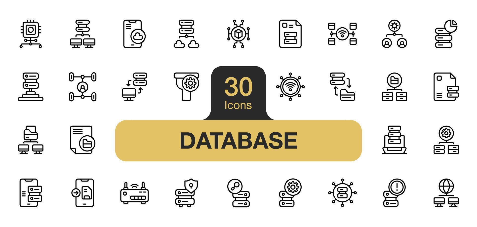 Set of 30 Database icon element sets. Includes data report, server, web hosting, data storage, data server, cluster, router, and More. Outline icons vector collection.