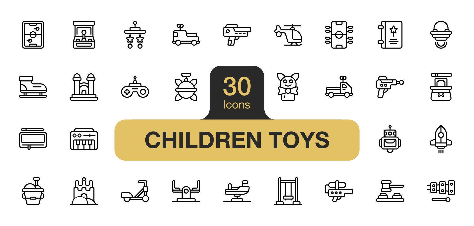 Set of 30 Children's toys icon element sets. Includes tale, castle, puppet, board, piano, skate, and More. Outline icons vector collection.