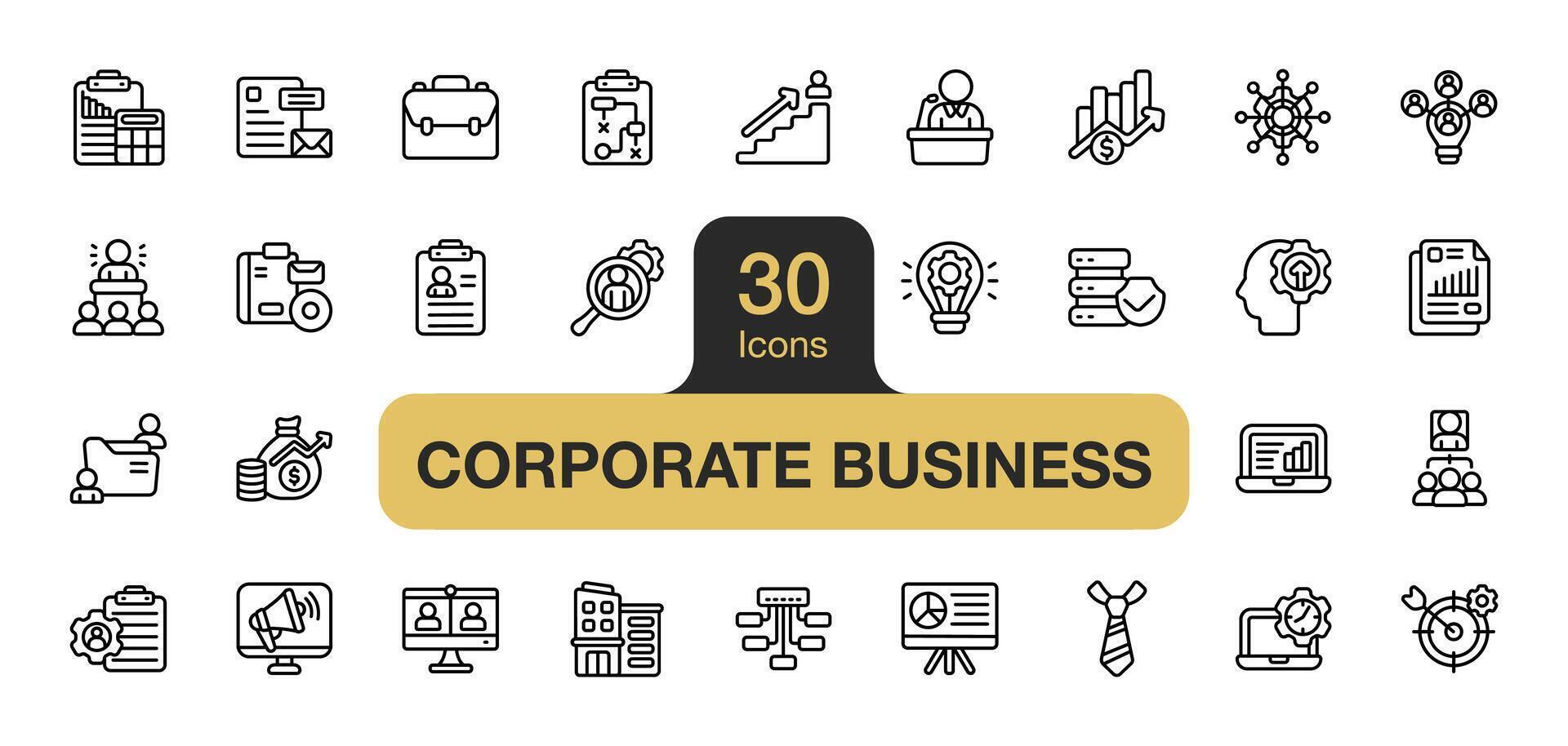 conjunto de 30 corporativo negocio icono elemento conjuntos incluye maletín, oficina edificio, finanzas, contabilidad, marketing, ventas, desarrollo, innovación, y más. contorno íconos vector recopilación.