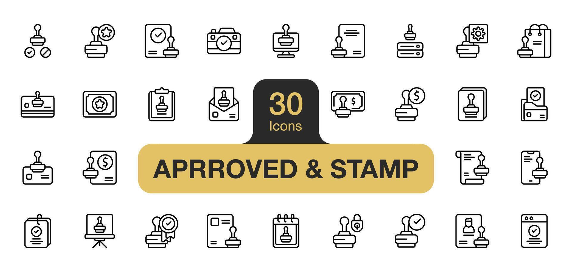 Set of 30 approved Stamp icon element sets. Includes shopping, card, stamp, files, document, mark, and More. Outline icons vector collection.