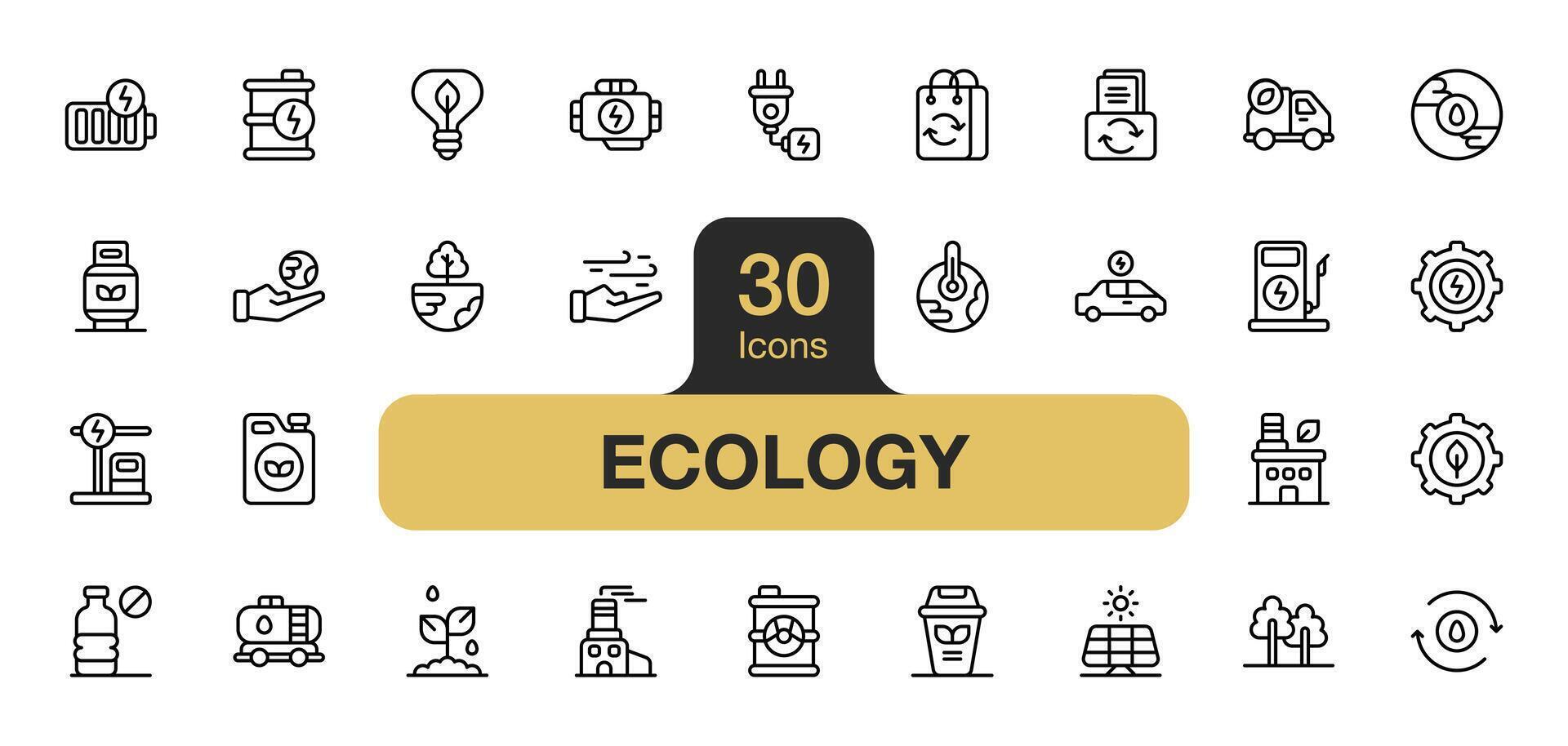 Set of 30 Ecology icon element sets. Includes nature, eco, environment, recycle, go green, ecosystem, and More. Outline icons vector collection.