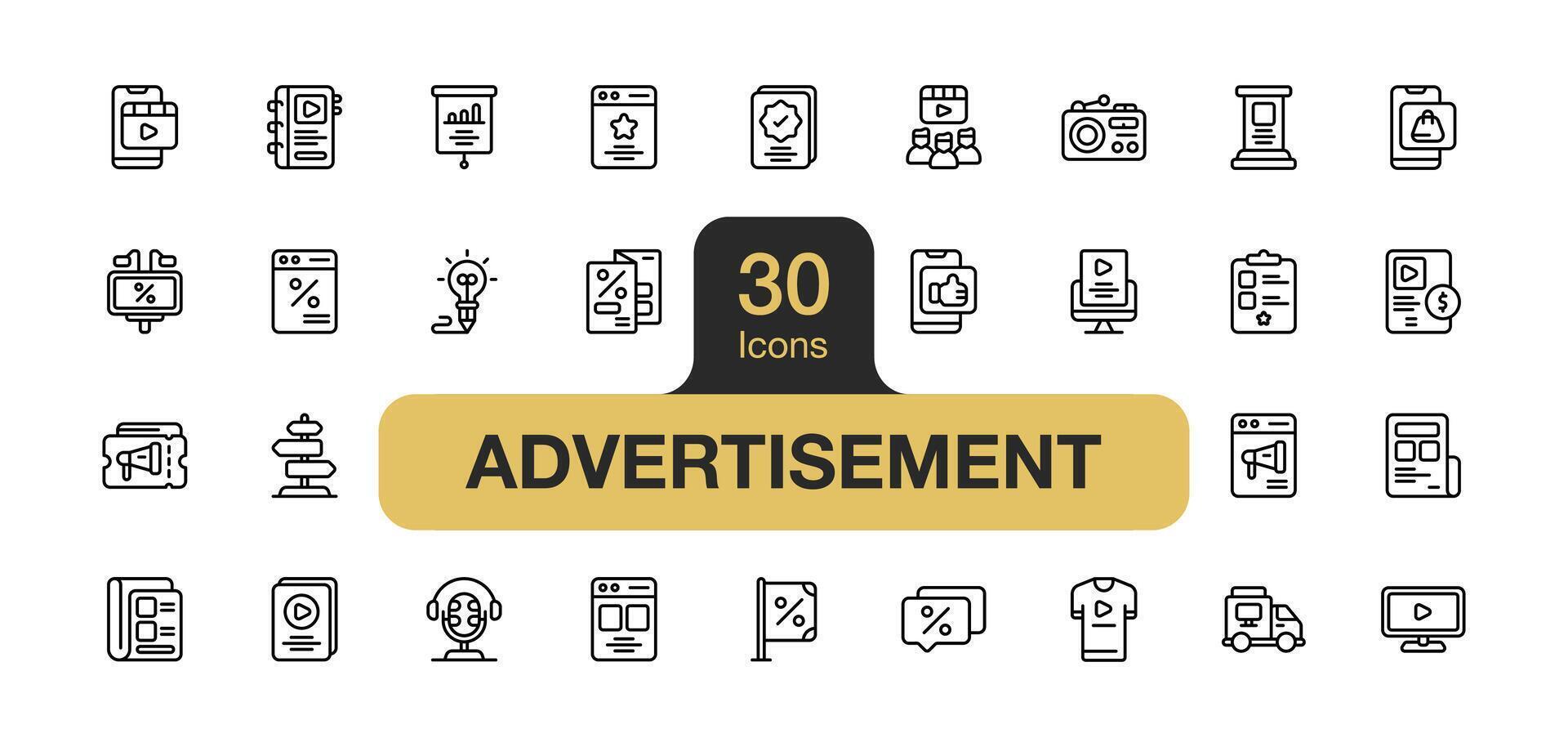 Set of 30 Advertisement icon element sets. Includes advertising, browser, podcast, marketing, billboard, and More. Outline icons vector collection.