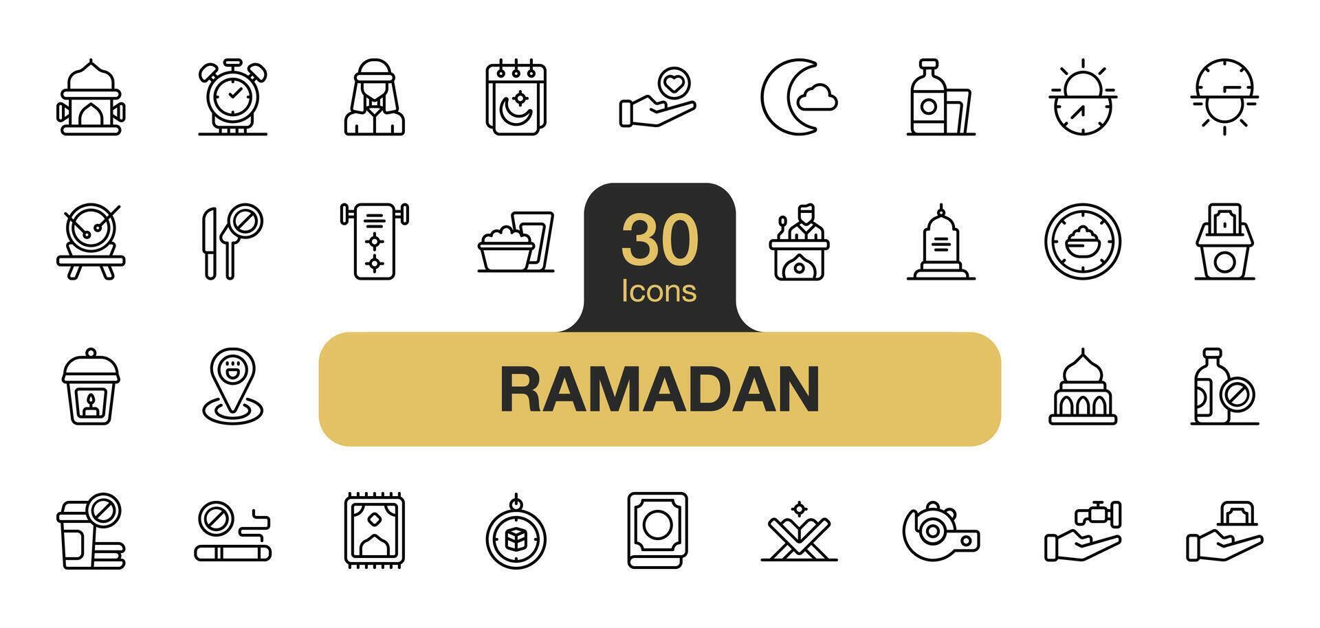 Set of 30 Ramadan icon element sets. Includes crescent moon, charity, meal, no drinks, mosque, and More. Outline icons vector collection.