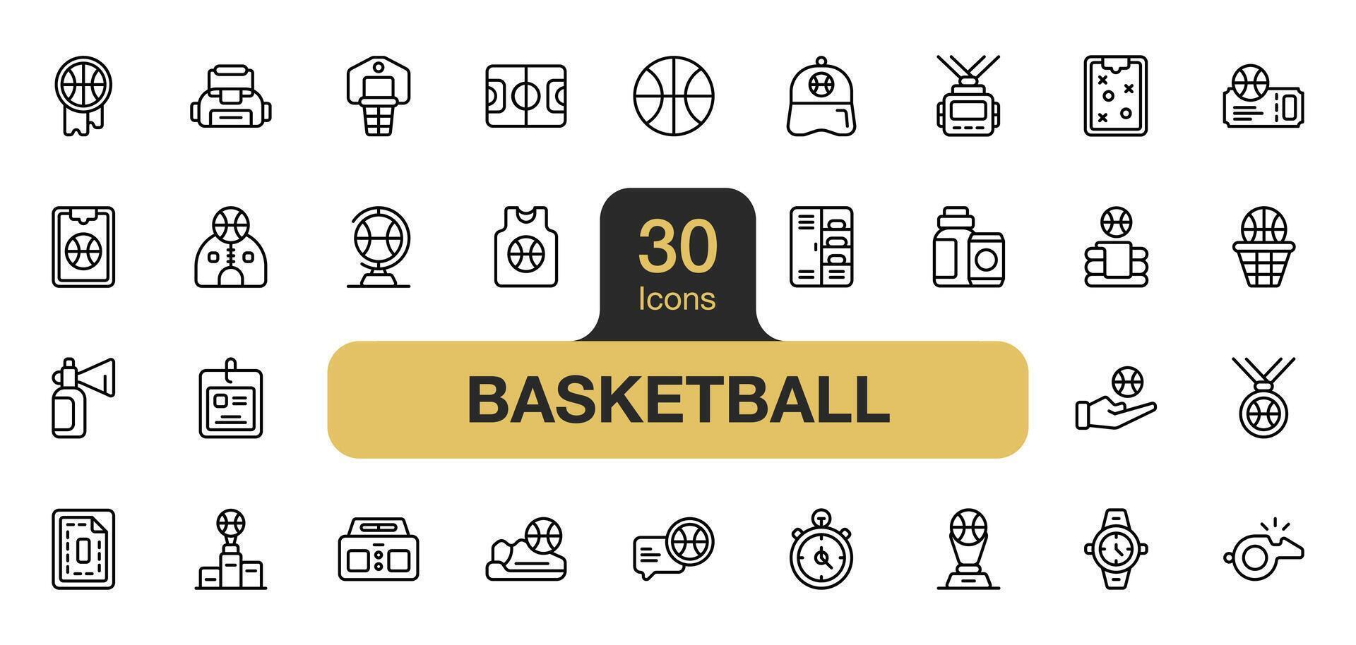 Set of 30 Basketball icon element sets. Includes ball, field, card, jersey, strategy, badge, winner, and More. Outline icons vector collection.