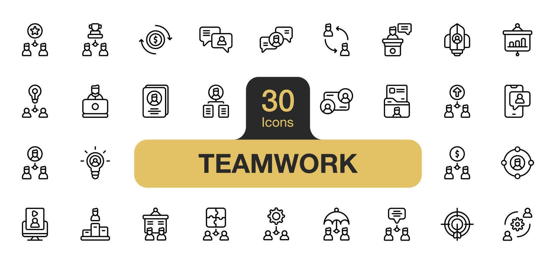 Set of 30 Teamwork icon element sets. Includes team, membership, management, startup, leader, cooperation, and More. Outline icons vector collection.