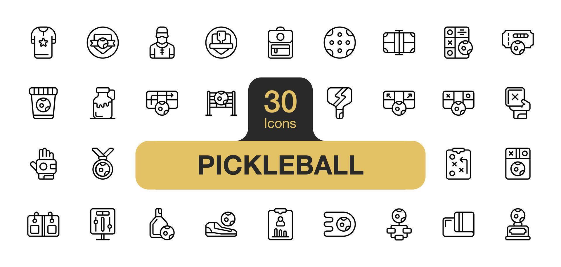 conjunto de 30 pickleball icono elemento conjuntos incluye pickleball deporte, pelota, atender, deporte corte, neto, atleta, torneo, estrategia, normas, trofeo, y más. contorno íconos vector recopilación.