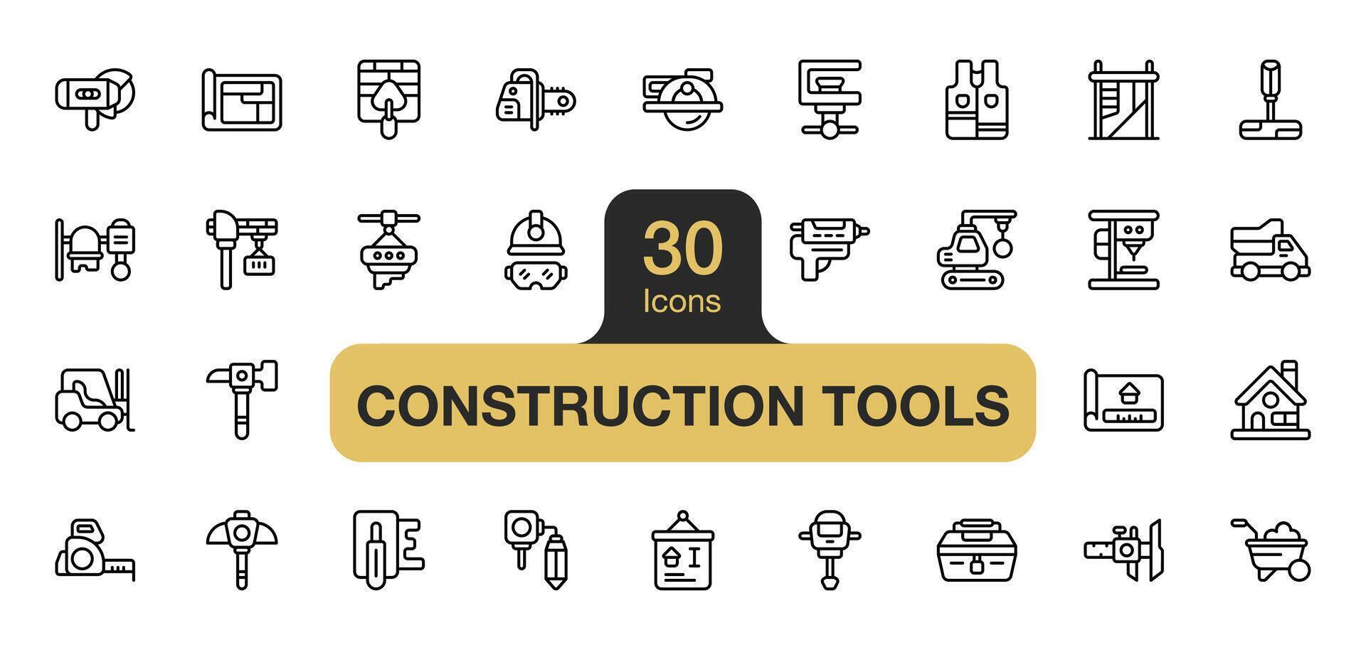 Set of 30 Construction Tools icon element sets. Include hammer, chainsaw, cutter, helmet, clamp, blueprint, and More. Outline icons vector collection.