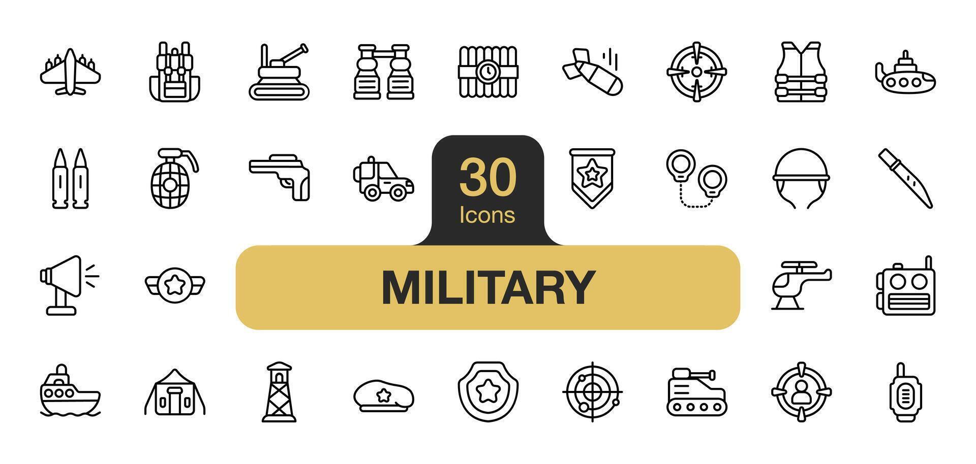 conjunto de 30 militar icono elemento colocar. incluye cuchillo, tanque, pistola, bomba, submarino, avión, y más. contorno íconos vector recopilación.