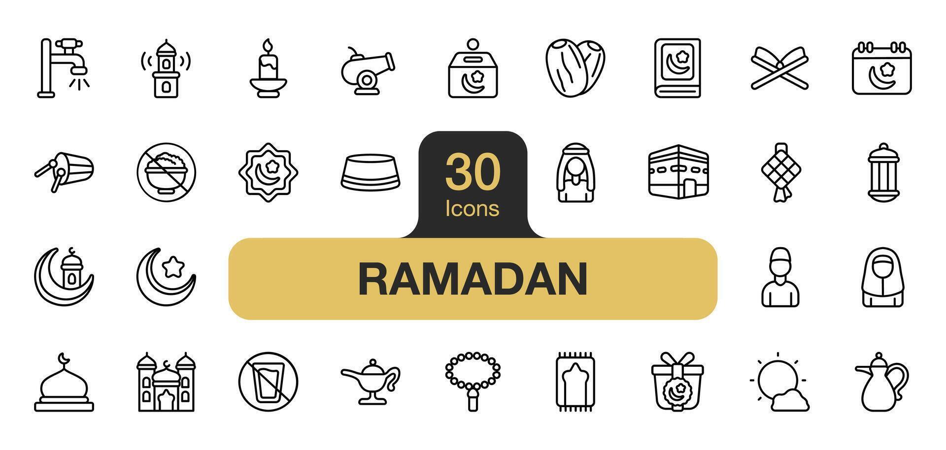 Set of 30 Ramadan icon element set. Includes lantern, Muslim, kaaba, prayer, masque, and More. Outline icons vector collection.