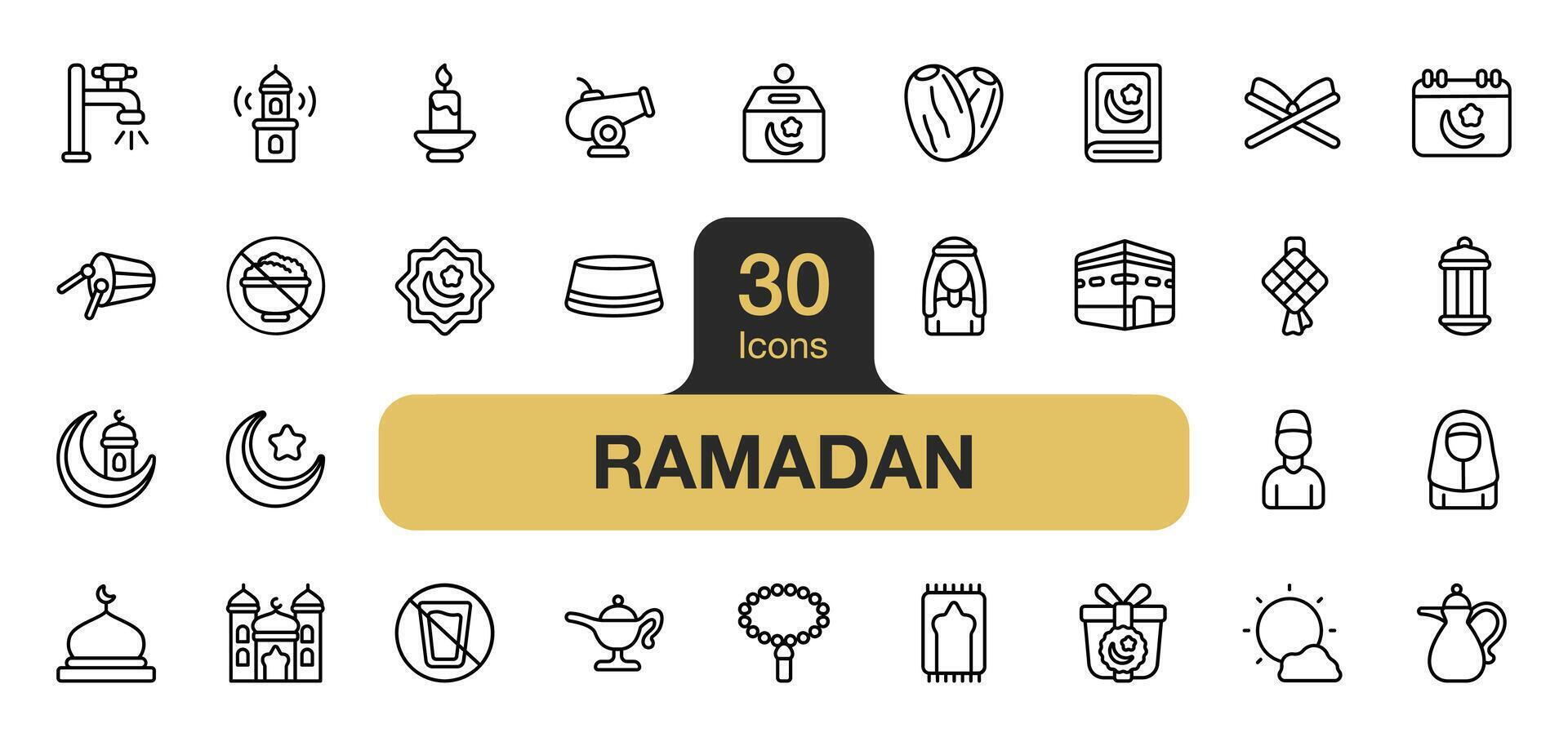 conjunto de 30 Ramadán icono elemento colocar. incluye linterna, musulmán, kaaba, oración, mascarada, y más. contorno íconos vector recopilación.