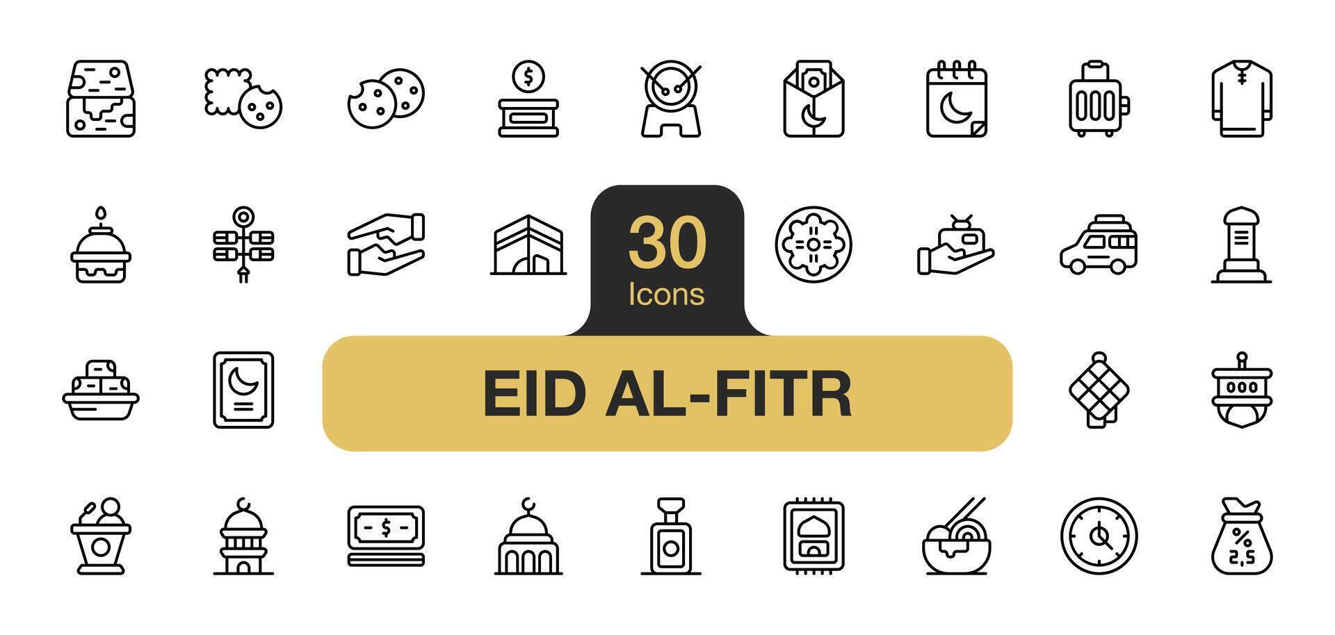 conjunto de 30 eid al-fitr icono elemento conjuntos incluye ramadán, mezquita, regalo, dinero, lámpara, zakat, donación, y más. contorno íconos vector recopilación.
