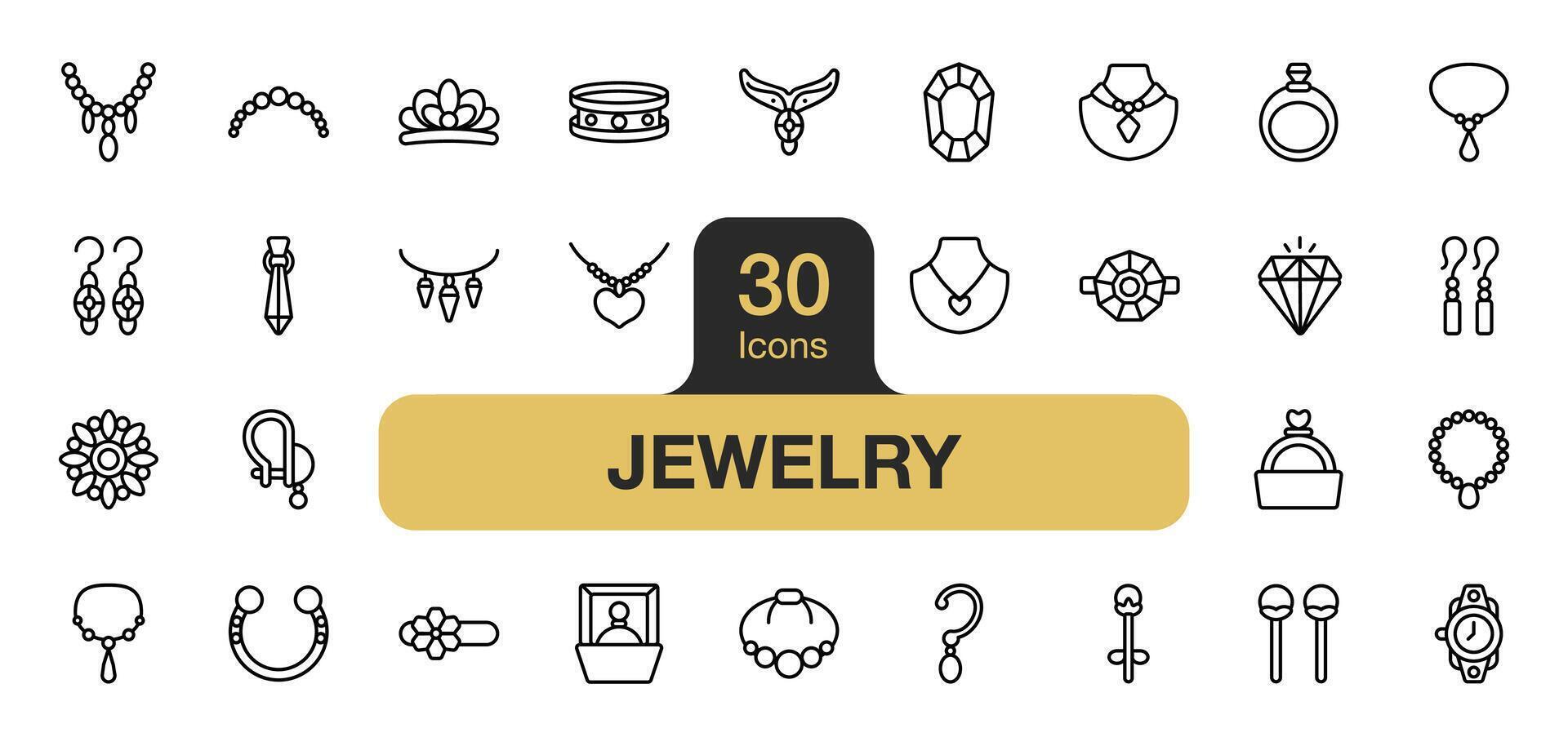 Set of 30 Jewelry icon element set. Includes ring, crown, diamond, royal ring, and More. Outline icons vector collection.