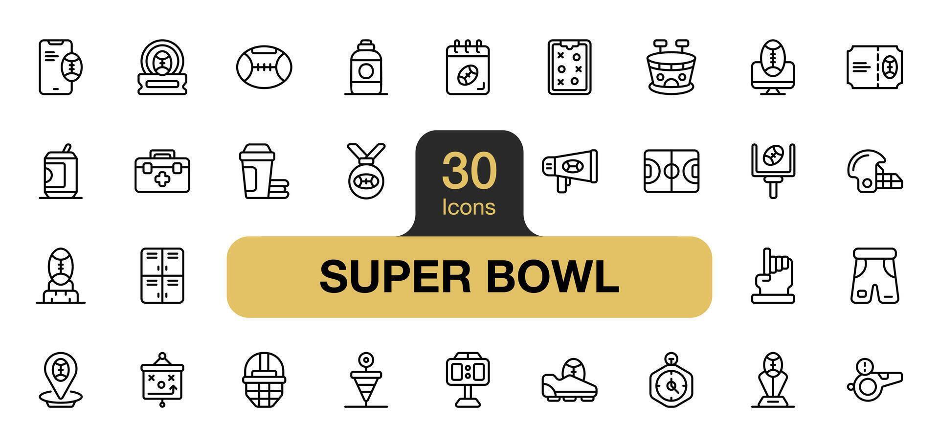 Set of 30 Super Bowl icon element sets. Includes american football, ball, shoes, stadium, field, player, and More. Outline icons vector collection.