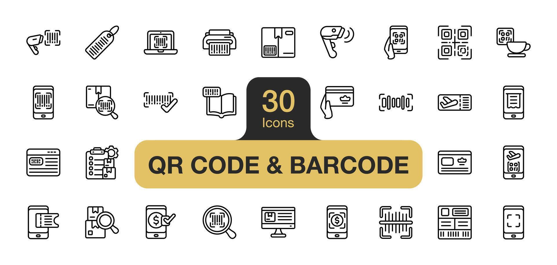 Set of 30 Qr code and barcode icon element set. Includes smartphone, product, receipt, menu, card, scanner, and More. Outline icons vector collection.