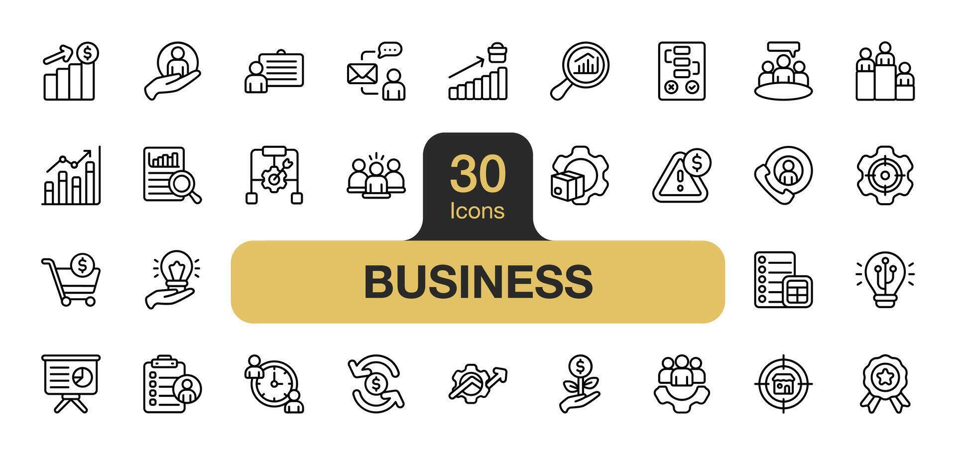 Set of 30 Business icon element set. Includes Data, analysis, marketing, strategy, idea, financial, and More. Outline icons vector collection.