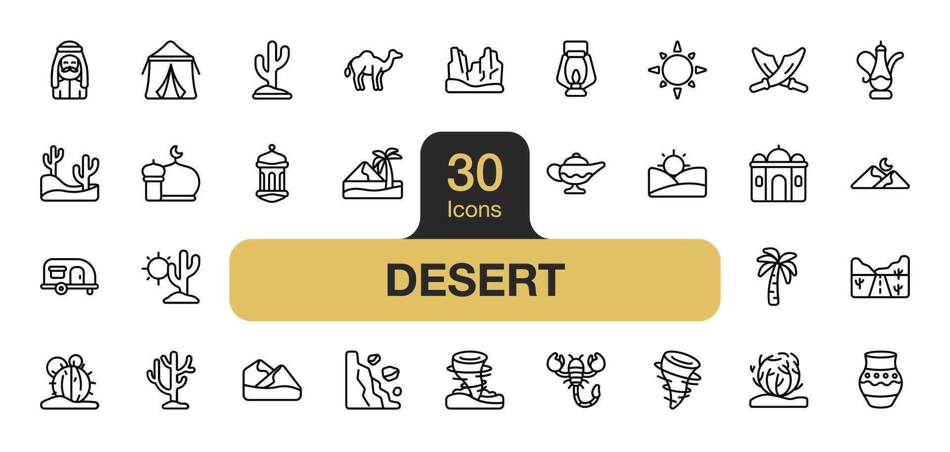 conjunto de 30 Desierto icono elemento colocar. incluye sol, oasis, cactus, camello, palma árbol, tornado, y más. contorno íconos vector recopilación.