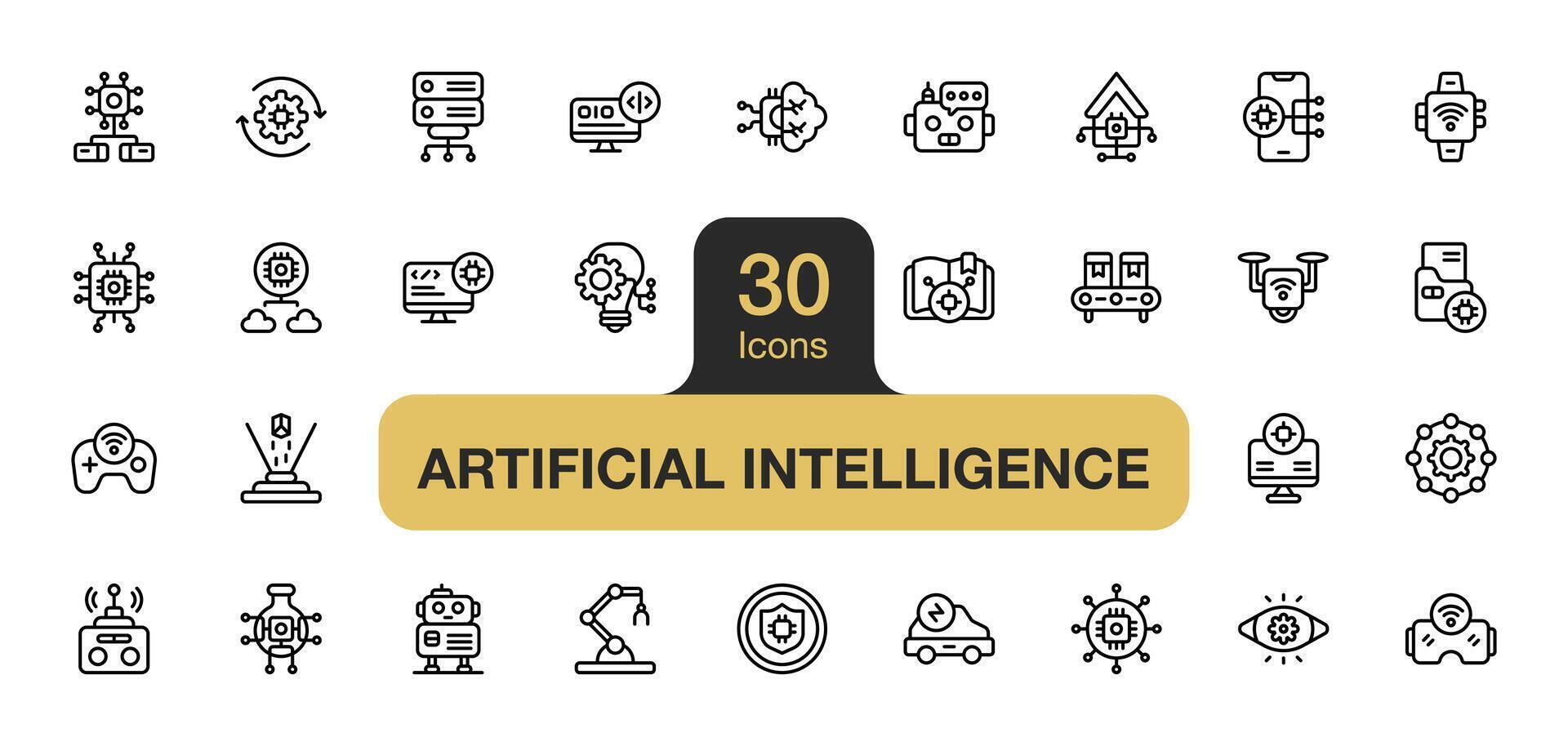 Set of 30 Artificial Intelligence icon element sets. Includes innovation, brain, vision, chat box, super intelligence, algorithm, and More. Outline icons vector collection.