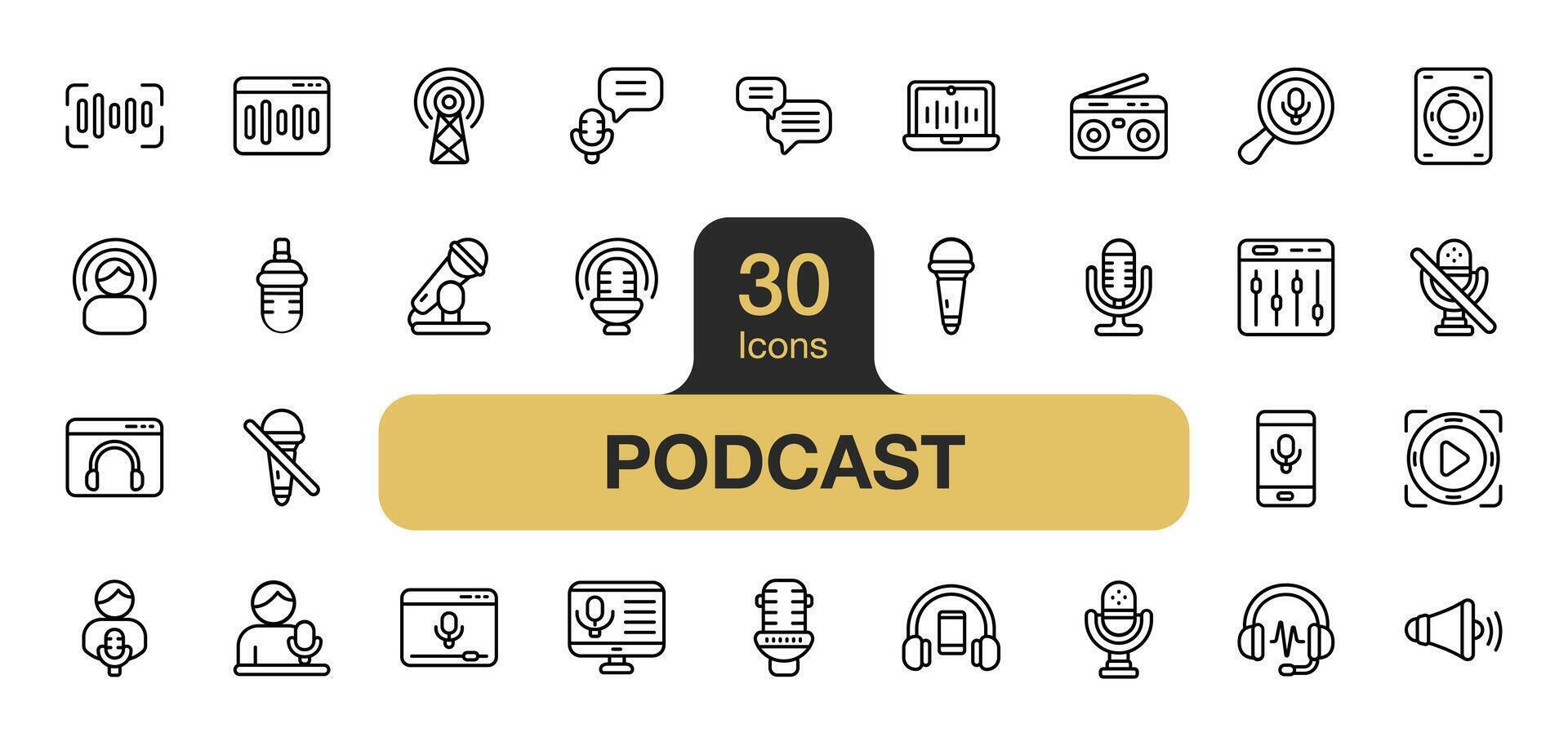 Set of 30 Podcast icon element set. Includes speaker, mic, mixer, on air, radio, broadcast, and More. Outline icons vector collection.