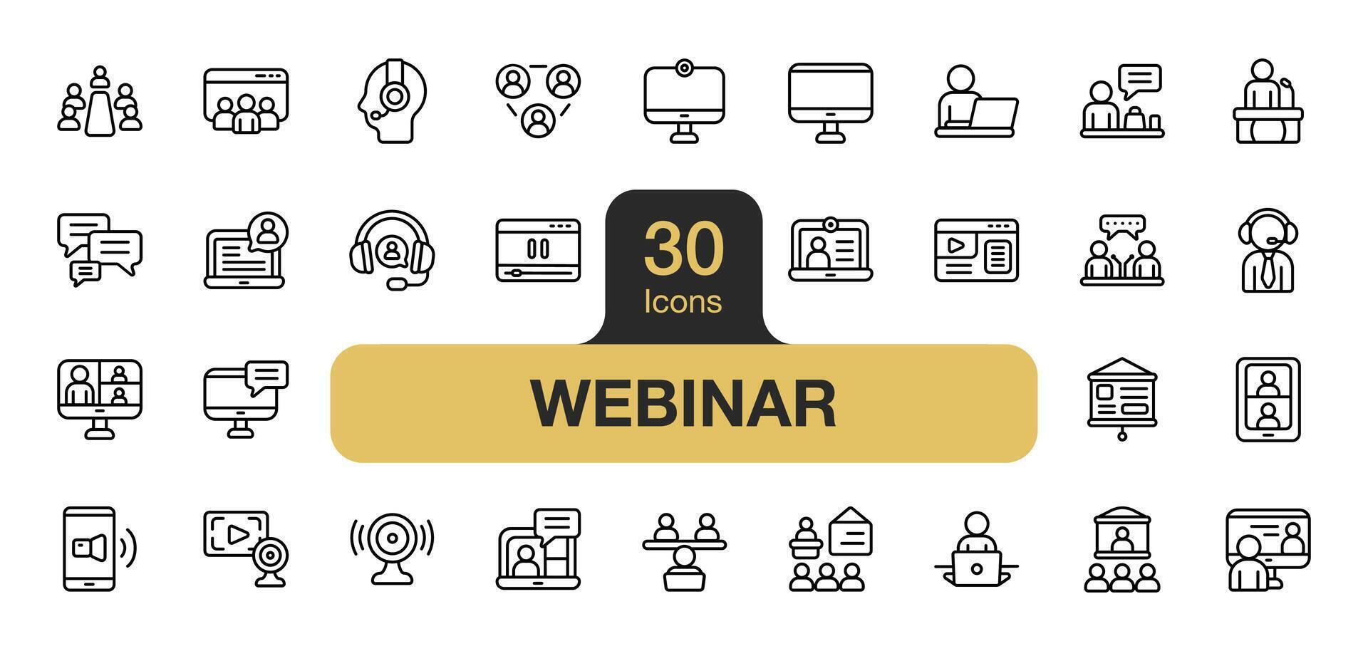 Set of 30 Webinar icon element set. Includes audience, presentation, meeting, listening, seminar, explanation, and More. Outline icons vector collection.