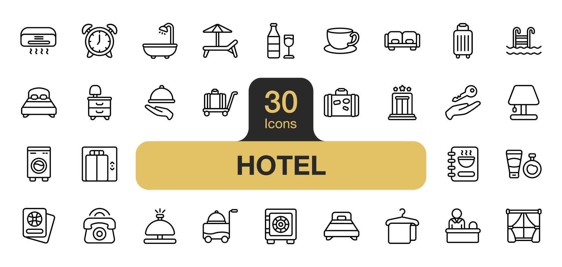 Set of 30 Hotel icon element set. Includes room, lift, bed, bathroom, towel, reception, and More. Outline icons vector collection.