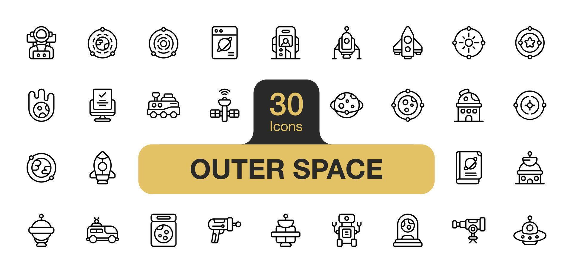 Set of 30 Space icon element sets. Includes Rocket, Space Probe, Telescope, Black Hole, Planet Earth, Moon, Ufo, Saturn, Astronaut, and More. Outline icons vector collection.