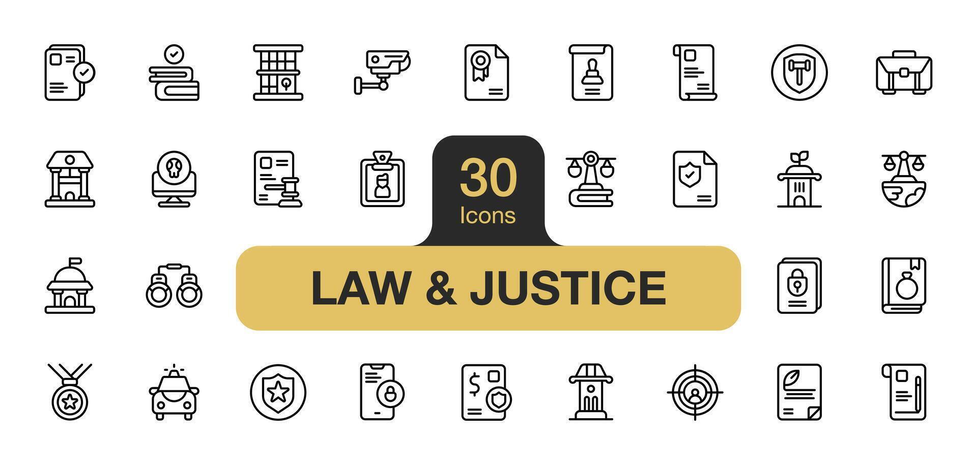 Set of 30 Law and Justice icon element sets. Includes approval, medal, certificate, contract, decision, cage, book, and More. Outline icons vector collection.