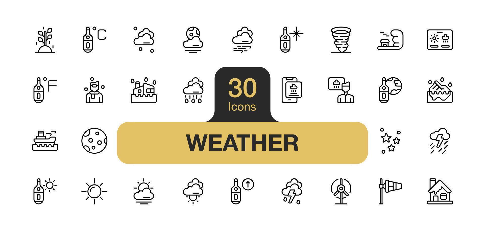 Set of 30 Weather icon element sets. Includes Stars, Cloud, Sun, Thunder, Sunrise, Cloudy Wind, Moon, Cloudy Month, Rain, and More. Outline icons vector collection.