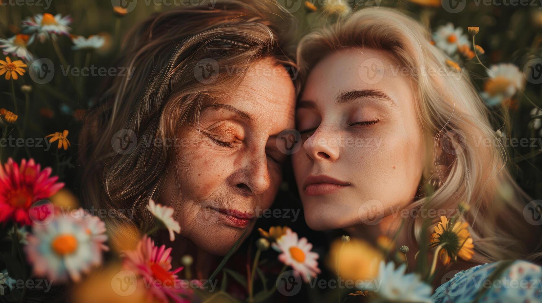AI generated Portrait young woman with mother surrouded by flower, mother day concept photo
