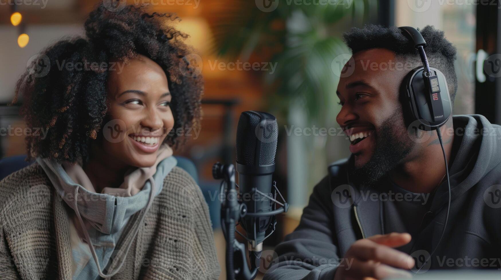 ai generado africano americano hombre y mujer divertido y disfrutando su conversacion en podcast sesión foto