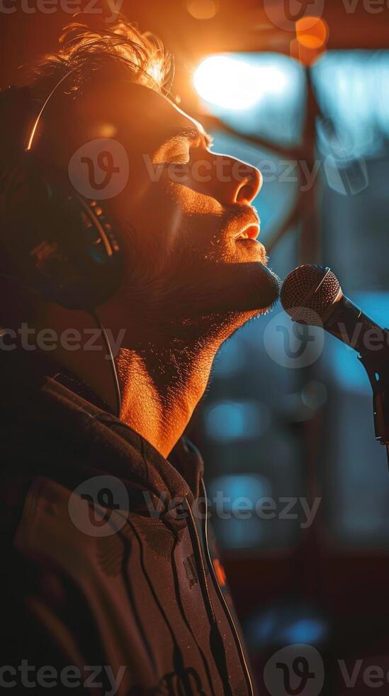 AI generated Portrait of male singer perform on the stage photo