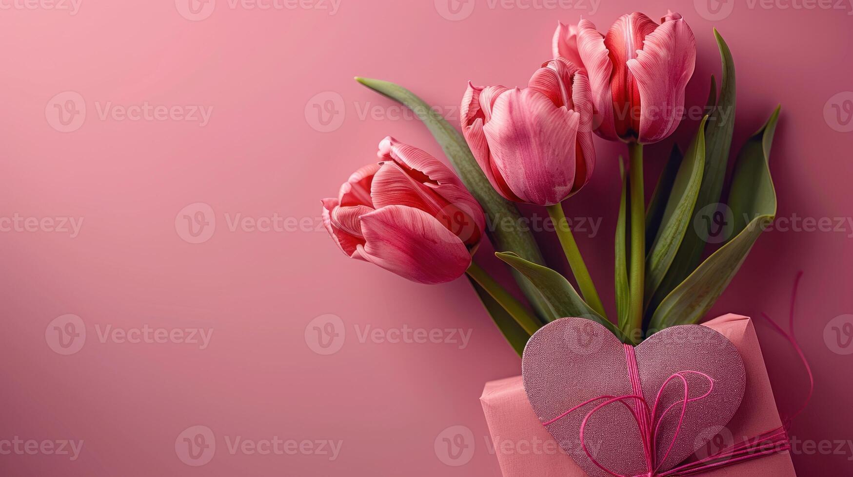 AI generated Gift box with tulips flower isolated on pink background photo