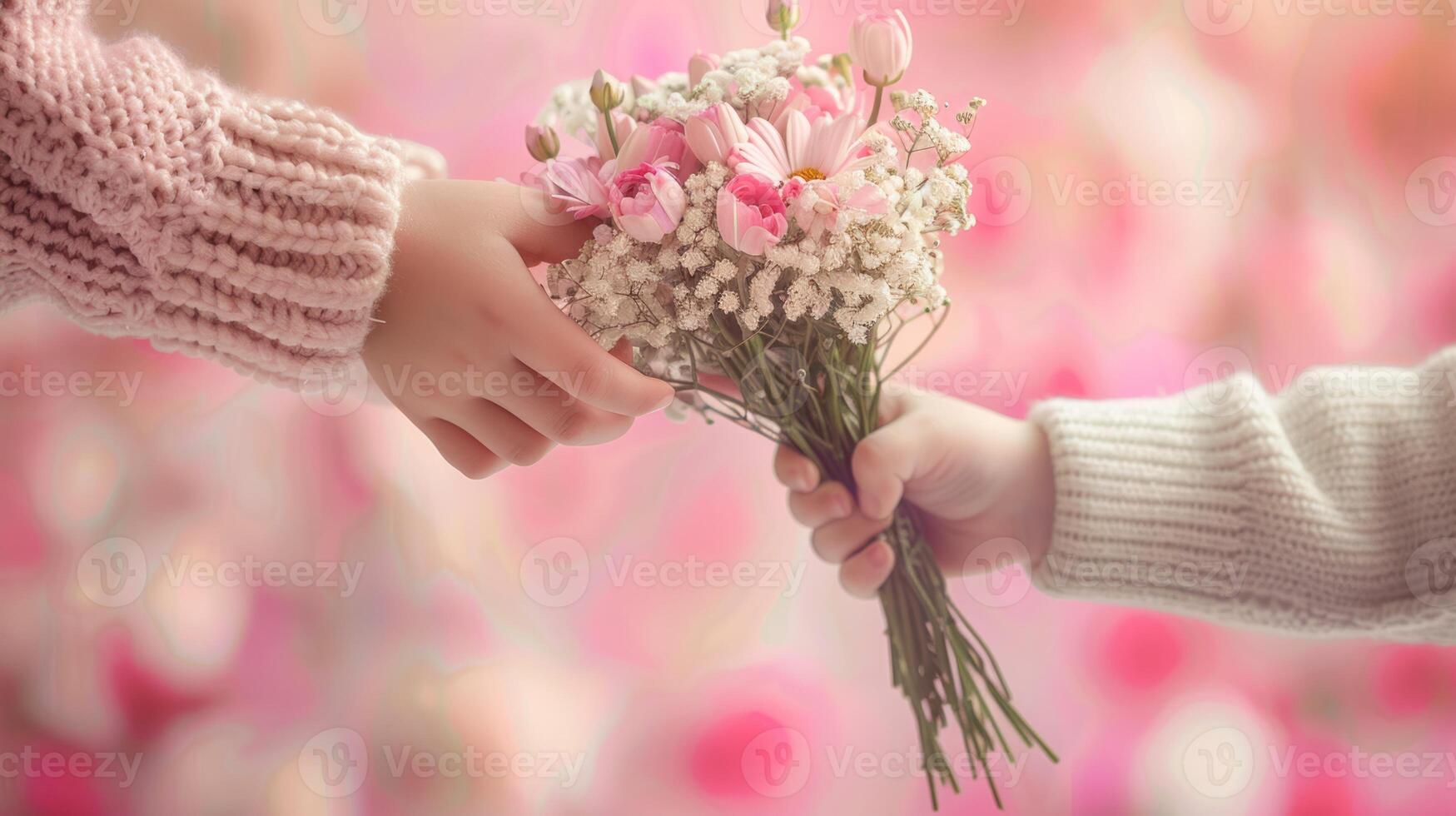 ai generado mano niño dando bouquete de flores en rosado pastel color foto