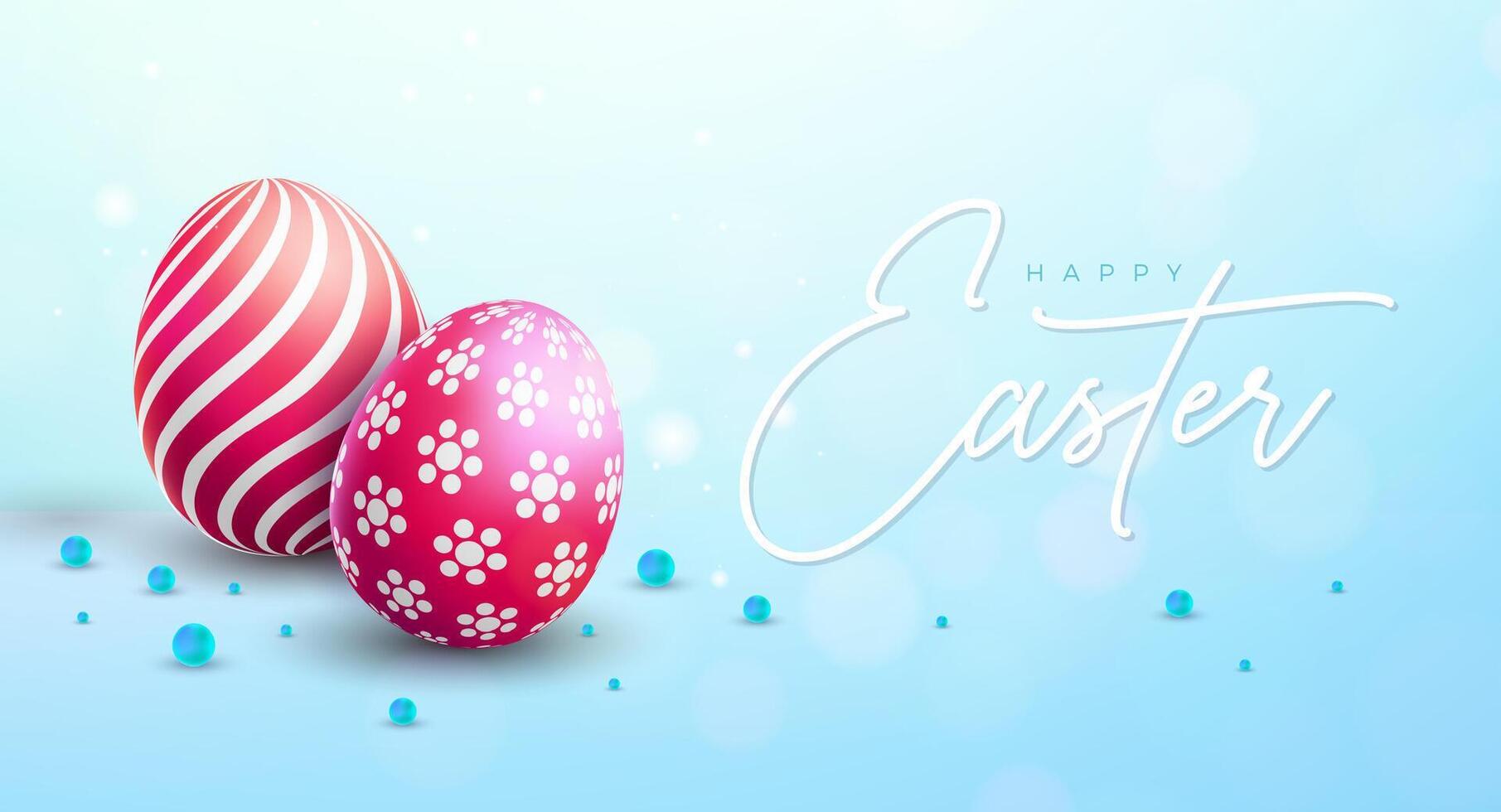 Happy Easter Holiday Banner Design with Colorful Egg and Typography Lettering on Blue Background. International Christian Religious Celebration Banner Design for Greeting Card or Party Invitation or vector