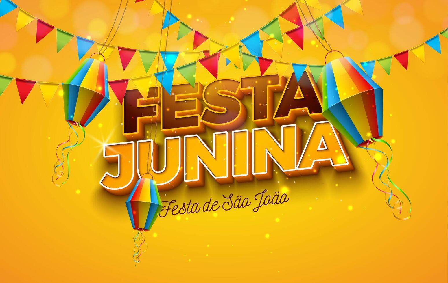 festa junina ilustración con fiesta banderas, papel linterna y 3d letra en amarillo antecedentes. vector Brasil junio festival diseño para saludo tarjeta, invitación o fiesta póster.