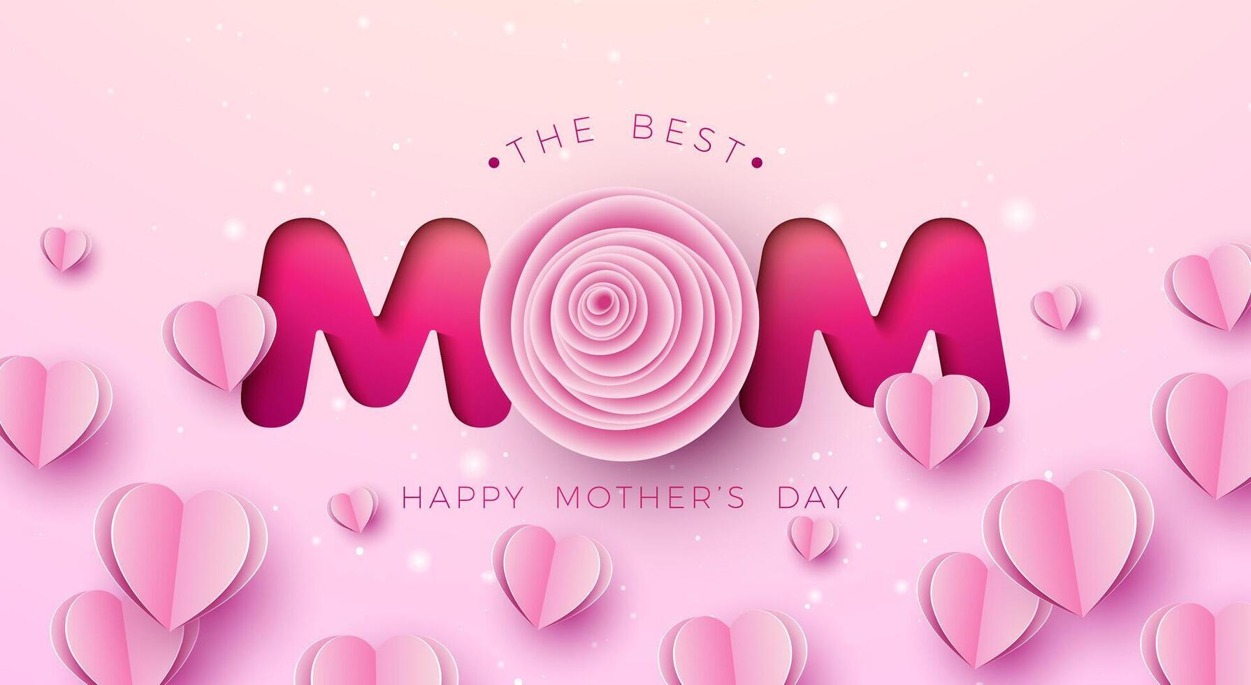 Best Mom Happy Mother's Day Banner or Postcard with Paper Hearts and Rose Flower on Pink Background. Vector Mom Celebration Design with Symbol of Love for Greeting Card, Flyer, Invitation, Brochure