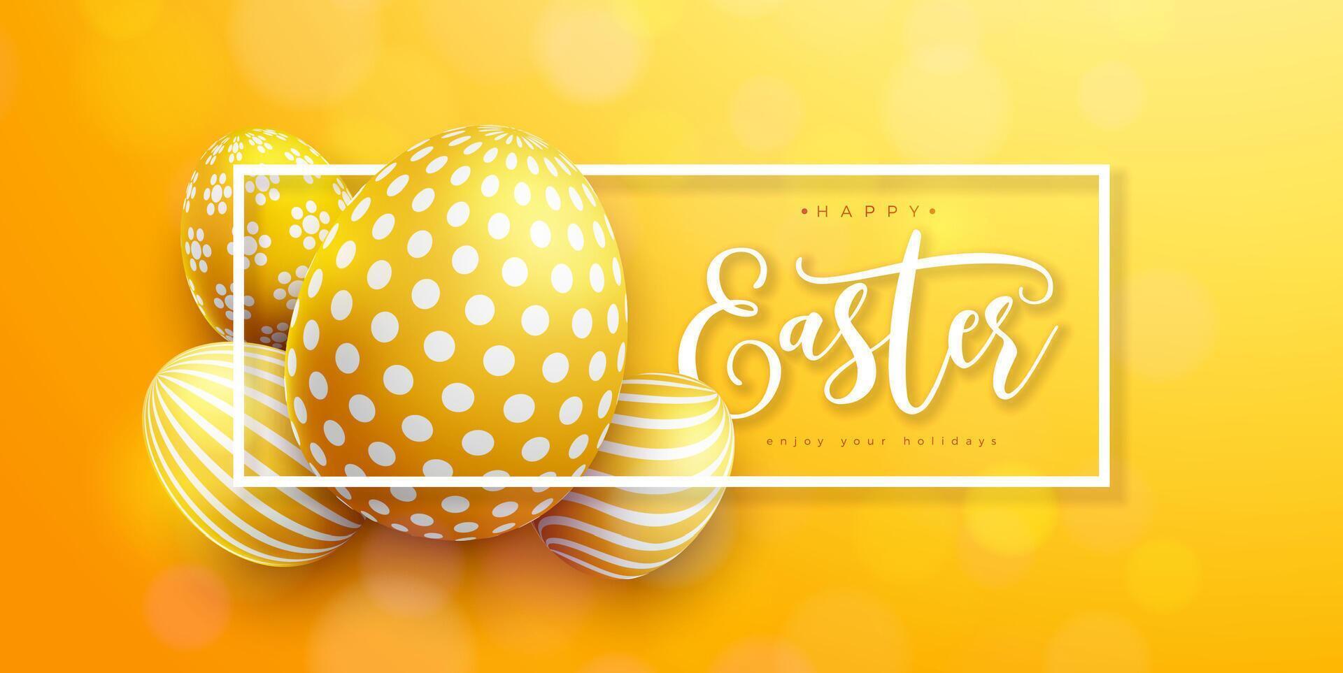 Vector Illustration of Happy Easter Holiday with Painted Egg on Shiny Yellow Background. International Easter Celebration Design with Typography for Greeting Card, Party Invitation or Promo Banner.