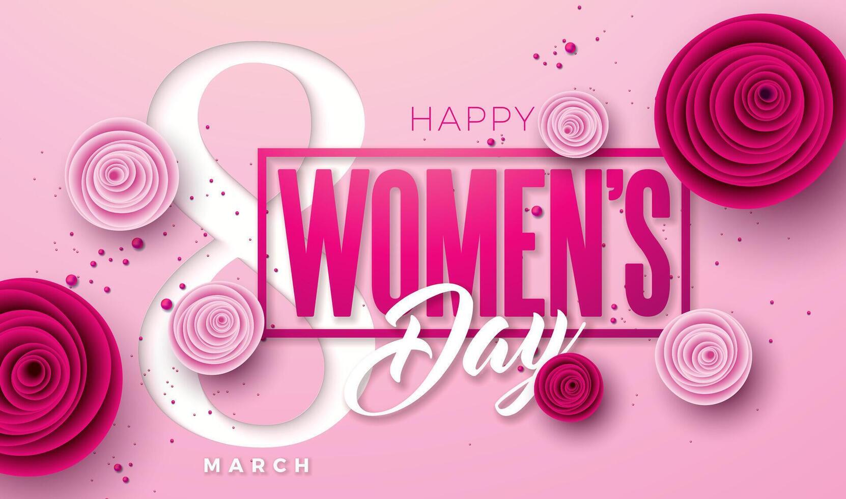 8 March. Happy Women's Day Floral Illustration. International Womens Day Vector Design with Rose Flower and Typography Letter on Light Pink Background. Woman or Mother Day Theme Template for Flyer