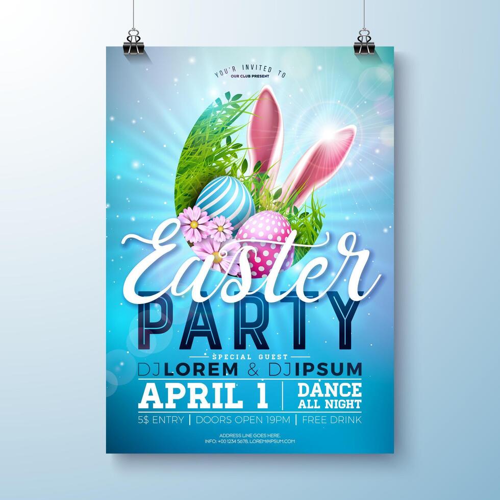 Easter Party Flyer Illustration with Painted Eggs, Rabbit Ears and Flowers on Nature Blue Background. Vector Spring Religious Holiday Celebration Poster Design Template for Banner or Invitation.