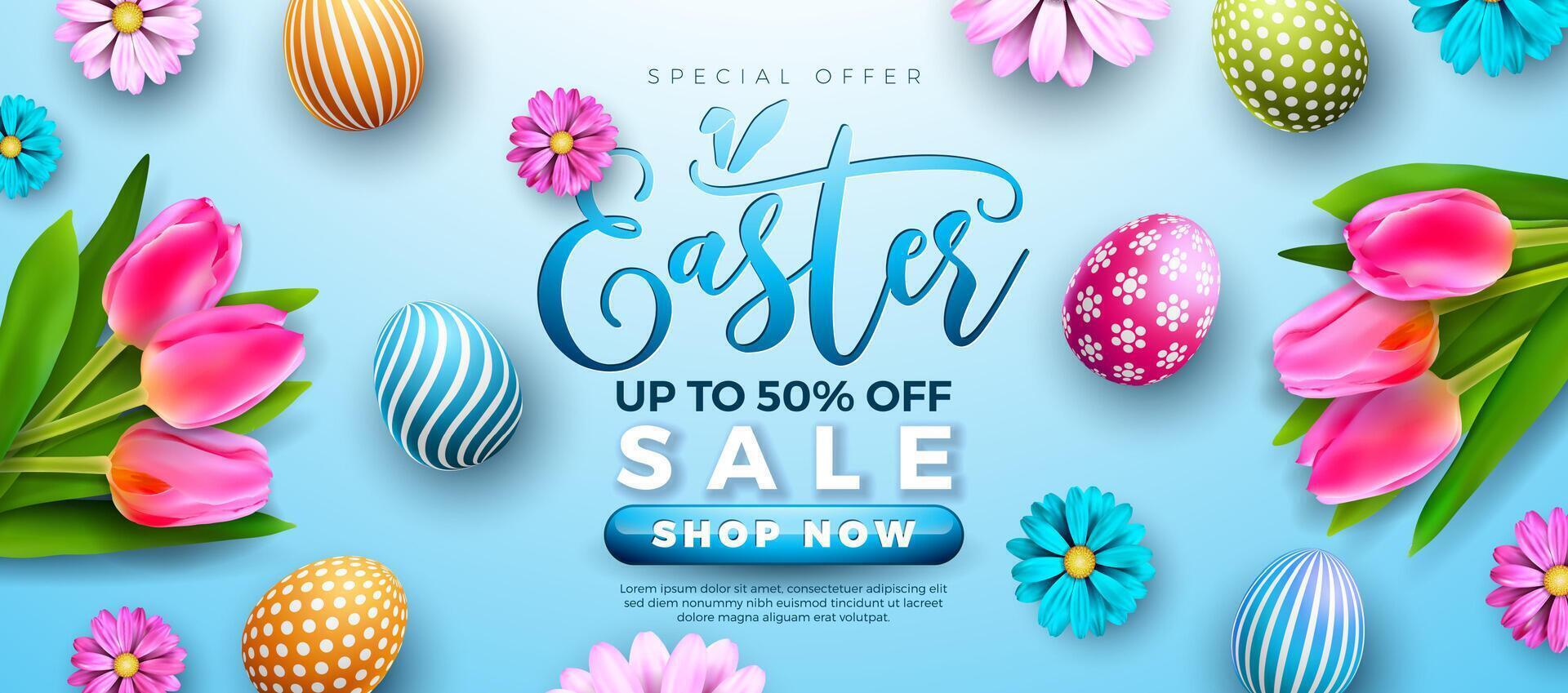 Easter Sale Illustration with Colorful Painted Egg, Spring Flower and Tulip on Light Blue Background. Vector Easter Holiday Design Template for Coupon, Web Banner, Voucher or Promotional Poster.