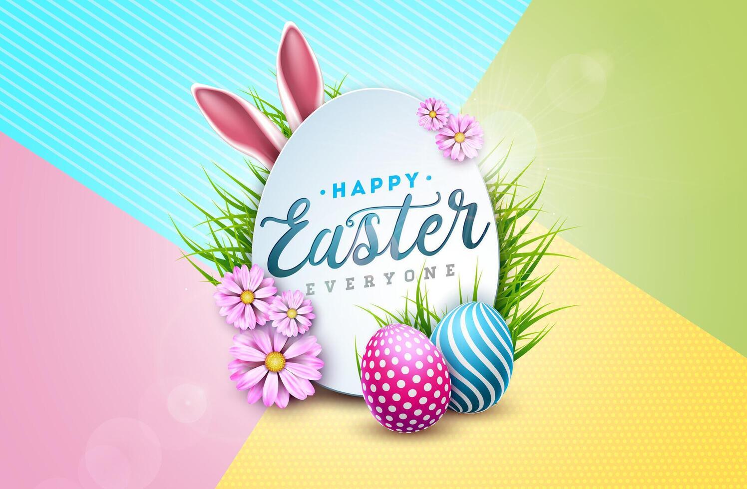 Vector Illustration of Happy Easter Holiday with Flower, Painted Egg and Rabbit Ears on Colorful Background. International Religious Celebration Design with Typography Letter for Greeting Card or